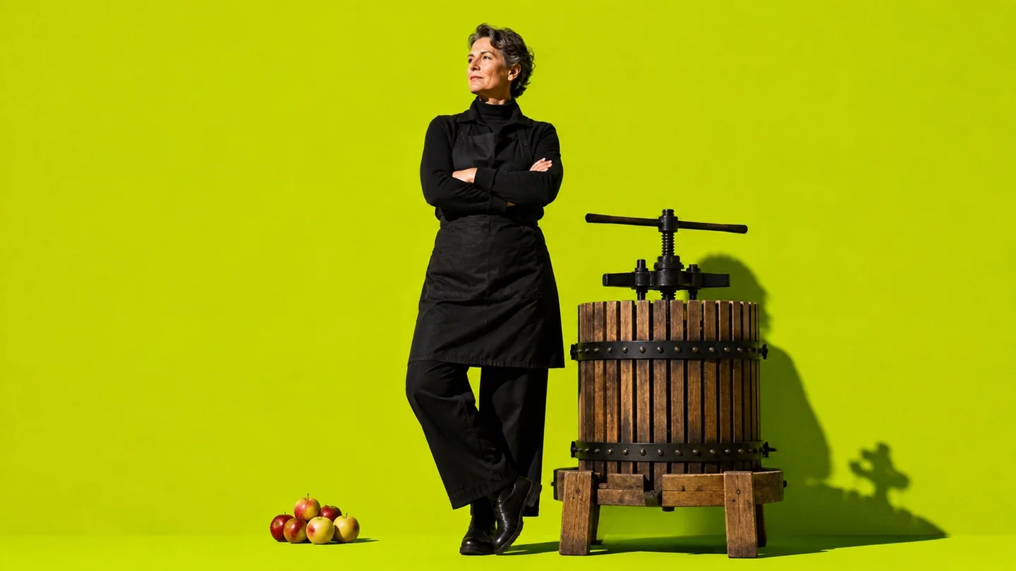 Mise en scène d’une personne près d’un pressoir et de pommes