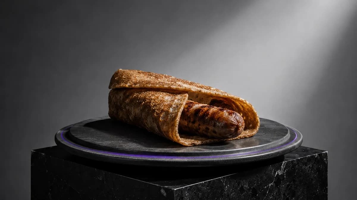 Galette-saucisse mise en scène sur un socle sombre